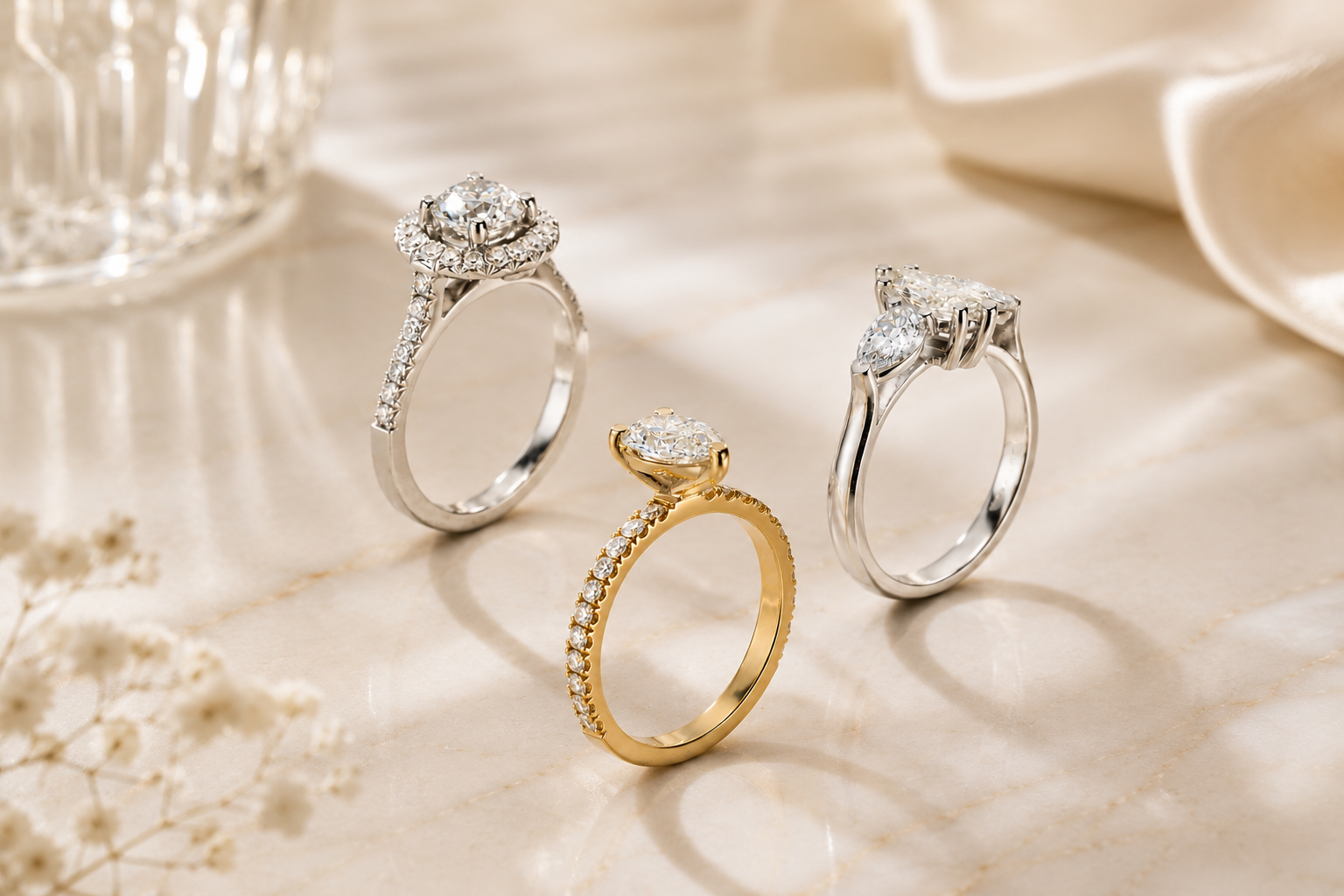 Couple holding hands during romantic engagement dinner and woman wearing engagement ring